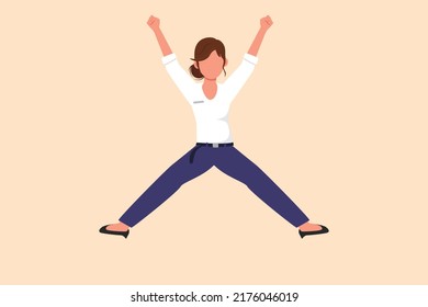 Business flat drawing happy businesswoman jumping with spread his arms and legs. Office worker celebrate success company project. Joyful manager achieve goal target. Cartoon design vector illustration