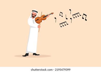 Un hombre feliz de dibujo plano de negocios tocando violín. Artista de música clásica con instrumento musical. Músico árabe masculino vestido con ropa tradicional tocando violín. Ilustración vectorial de diseño de dibujos animados