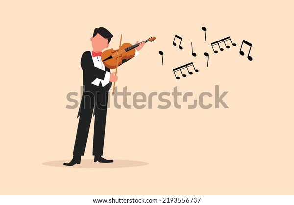 Business flat drawing happy man musician\
playing violin. Classical music performer with musical instrument.\
Male musician wearing suit playing violin. Cartoon draw character\
design vector\
illustration