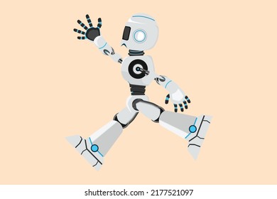 Business flat drawing happy robot jumping with spreads both legs and raise one hand. Humanoid cybernetic organism. Future robotic development. Celebrate achievement. Cartoon design vector illustration