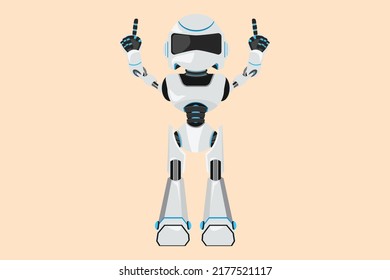 Business flat drawing happy robot standing with both hands pointing index fingers up. Celebrate win. Humanoid robot cybernetic organism. Future robotic development. Cartoon design vector illustration