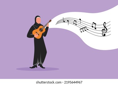 Plano de negocios dibujando alegre chica árabe jugando en ukulele y cantando. Música femenina sosteniendo una pequeña guitarra y cantando. Las mujeres tocan con instrumentos musicales. Ilustración vectorial de diseño de caracteres de dibujos animados