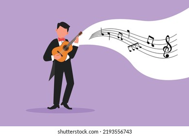 Business flat drawing joyful guy playing on ukulele and singing having fun. Male musician holding small guitar and singing. Man play on musical instrument. Cartoon character design vector illustration