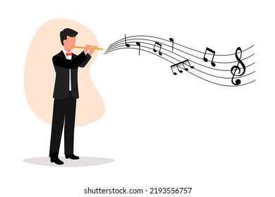 Business flat drawing male musician playing flute, standing in suit. Flutist performing classical music on wind instrument. Solo performance of talented flautist. Cartoon design vector illustration