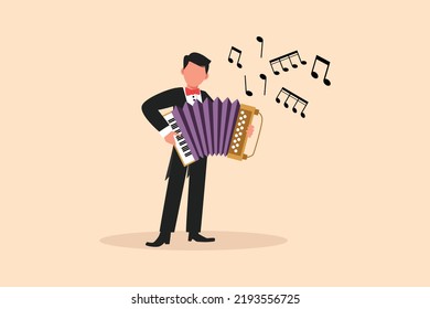 Business flat drawing man musician character playing accordion. Male performer plays acoustic musical instrument. Accordionist perform playing music instrument. Cartoon design vector illustration