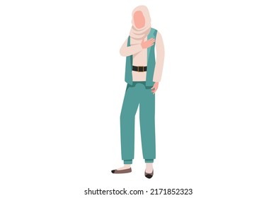 Business flat drawing pleasant fashionable Arab businesswoman keep hand on chest, expresses gratitude, thankful for help and support, showing heart filled with love. Cartoon design vector illustration