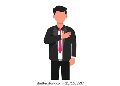 Empresario plano de negocios agradable parecido a un hombre de negocios que se mantiene mano en el pecho, expresa gratitud, agradeciendo por su ayuda y apoyo, mostrando el corazón lleno de amor. Ilustración vectorial de diseño de dibujos animados