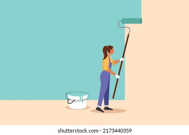 Business flat drawing professional handywoman painting wall with roller. Home repair, decoration, renovation, freshen up. Cute repairwoman painter professional work. Cartoon design vector illustration