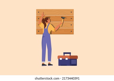 Business flat drawing professional worker in overalls hammering wall. Nail in wood. Beauty repairwoman work at home. Building, construction and repair work services. Cartoon design vector illustration