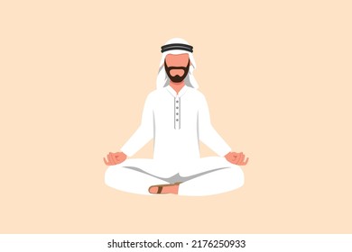 Business flat drawing relaxed Arab businessman doing yoga and resting from busy work. Male office worker sitting in yoga pose, meditation, relaxing, manage stress. Cartoon design vector illustration