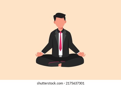 Business flat drawing relaxed businessman doing yoga and resting from busy work. Office worker sitting in yoga pose, meditation, relaxing, calm down, manage stress. Cartoon design vector illustration