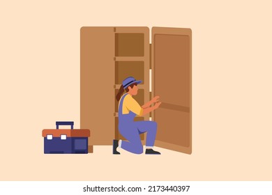 Business flat drawing repair, maker or constructions of wood home furniture. Carpenter assembling of wardrobe or cabinet with shelves. Handywoman making cupboard. Cartoon design vector illustration