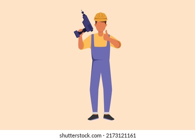 Business flat drawing repairman worker holding electric drill tool for work repair. Builder fixing home cupboard interior. Handyman in overalls. Man with instrument. Cartoon design vector illustration