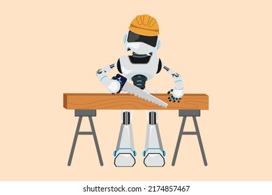 Business flat drawing robot carpenter repairman sawing boards. Building, construction, repair work service. Real estate, housing. Humanoid robot cybernetic organism. Cartoon design vector illustration