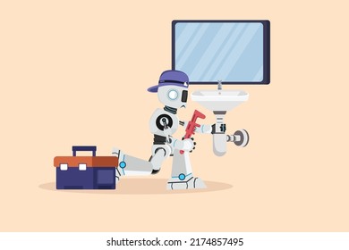 Business flat drawing robot plumber repair sink in bathroom and plumbing pipe. Handyman repair work. Humanoid robot cybernetic organism. Future robotic development . Cartoon design vector illustration