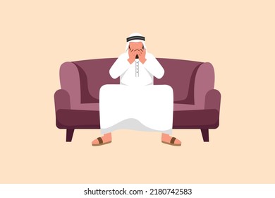 Business flat drawing sad and depressed Arabian businessman sitting on sofa and holding his head. Lonely man sitting on couch. Failure and losing job concept. Cartoon style design vector illustration