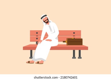 Business flat drawing sad depressed Arabian businessman sitting at bench park alone. Man suffering from depression, experiences dismissal, difficult life situation. Cartoon design vector illustration