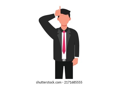 Business Flat Drawing Stressed Businessman Showing L Sign On Forehead With Finger. Trendy Sad Male Office Worker Making Loser Symbol By Gesturing Hand Over Head. Cartoon Design Vector Illustration