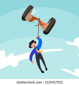 Business flat drawing successful businessman flying and hourglass balloon to the sky  Business time management   deadline concept  Success  champion  victory  sandglass  Cartoon vector illustration