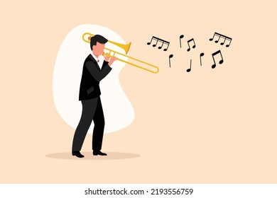 Business flat drawing trombone player. Male performer play wind instrument. Music artist boy. Jazz man. Musician play trumpet. Entertainment. Classic music event. Cartoon design vector illustration