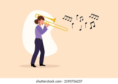 Business flat drawing trombone player. Female performer play wind instrument. Music artist girl. Jazz woman. Musician play trumpet. Classic music event. Cartoon character design vector illustration