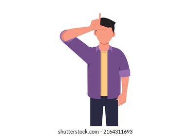 Business flat drawing unhappy businessman showing loser sign on forehead with fingers. Stressed trendy person gesturing hand over head. Male making 'L' symbol. Cartoon draw design vector illustration