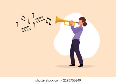 Business flat drawing woman playing trumpet. Music instrumental. Jazz musician playing trumpet instrument. Trumpet player. Orchestra performer. Music performance. Cartoon design vector illustration