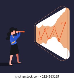 Empresario de dibujo plano empresarial con oportunidad de búsqueda de telescopios. Empresaria financiera con binoculares buscando oportunidades frente a la creciente gráfica. Ilustración vectorial de dibujos animados