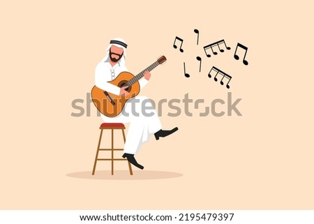 Business flat drawing young Arab man character sitting and playing acoustic guitar. Arabian male playing strings at musical performance. Professional musician. Cartoon draw design vector illustration