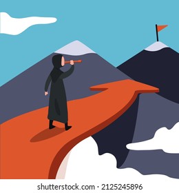 Business flat drawing young Arabian businesswoman standing on arrow looking with telescope growth and to achieve higher. Illustration of sky with cloud and mountain view. Cartoon style graphic vector