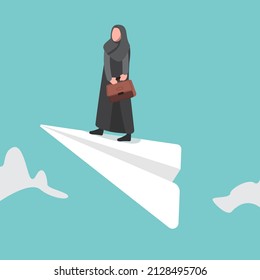 Business flat drawing young Arabian businesswoman holding briefcase, flying on paper airplane. Looking for success, opportunities, future business trends. Vision concept. Cartoon vector illustration