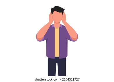 Business flat drawing young businessman covering or closing his ears with hands, making don't hear or listen gesture. Male manager does not want to hear or listen. Cartoon graphic vector illustration