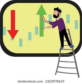 Business flat drawing young businessman climbing ladder, creating stock chart. Worker draw business sales growth on wall. Financial success, bullish stock market, profit. Buy or sell in stock market