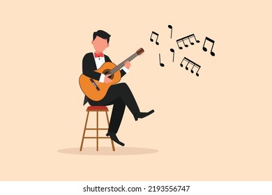 Business Flat Drawing Young Man Character Playing Acoustic Guitar. Teenage Boy Musician Playing Strings At Musical Performance. Professional Musician. Cartoon Style Graphic Design Vector Illustration