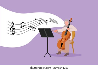 Business flat drawing young talented Arab female performer playing on contrabass. Cellist woman playing cello, musician playing classical music instrument. Cartoon character design vector illustration