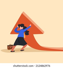 Business flat drawing young worker lifting rising financial arrow graph up. Businesswoman working hard to change direction of an arrow. Raising up arrow to reach success. Cartoon vector illustration