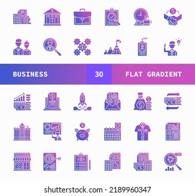 Business flat gradient style icons set. Consist of Icons as Analysis, Report, Recruitment, Checking, Deal, Investment and more. Perfect for website mobile app presentation and any other projects.