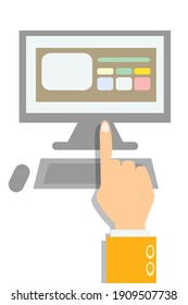 Business flat icon with human hand pointing at computer monitor vector illustration