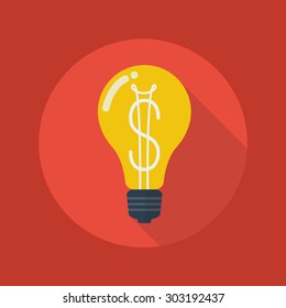 Business Flat Icon With Long Shadow. Light bulb with dollar symbol, business concept