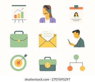 Conjunto de iconos planos de negocios. Diseño de iconos en estilo minimalista plano. Diseño para oficina, finanzas, comunicación y gestión.