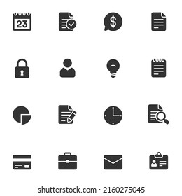 Iconos planos empresariales en gris. Conjunto de 16 piezas. Iconos vectores, concepto de logotipo para gráficos web, EPS 10