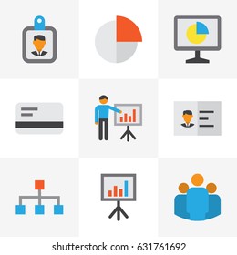 Business Flat Icons Set. Collection Of Statistics, Id Badge, Payment And Other Elements. Also Includes Symbols Such As Man, Unity, Identification.