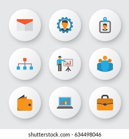 Business Flat Icons Set. Collection Of Presenting Man, Group, Hierarchy And Other Elements. Also Includes Symbols Such As Briefcase, Laptop, Billfold.