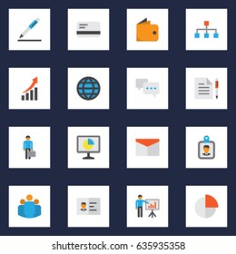Business Flat Icons Set. Collection Of Chatting, Presenting Man, Id Badge And Other Elements. Also Includes Symbols Such As Badge, Circle, Envelope.