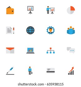 Business Flat Icons Set. Collection Of Envelope, Presenting Man, Global And Other Elements. Also Includes Symbols Such As Growing, Chatting, Statistics.