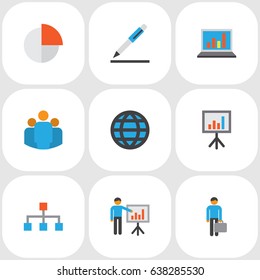 Business Flat Icons Set. Collection Of Global, Presenting Man, Group And Other Elements. Also Includes Symbols Such As Web, Work, Man.