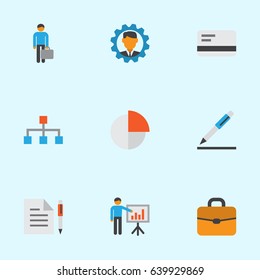 Business Flat Icons Set. Collection Of Developer, Pie Bar, Pen And Other Elements. Also Includes Symbols Such As Handbag, Card, Hierarchy.