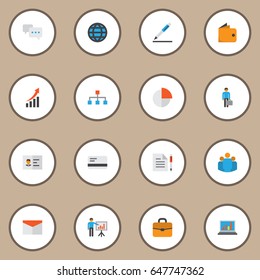 Business Flat Icons Set. Collection Of Work Man, Diagram, Identification And Other Elements. Also Includes Symbols Such As Network, Man, Conversation.