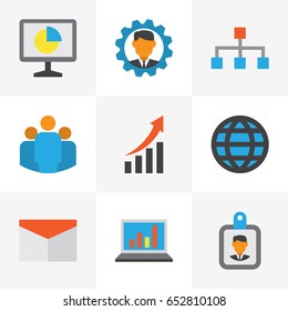 Business Flat Icons Set. Collection Of Diagram, Group, Envelope And Other Elements. Also Includes Symbols Such As Arrow, Laptop, Badge.
