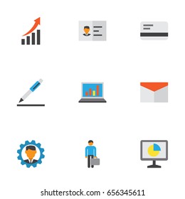 Business Flat Icons Set. Collection Of Identification, Envelope, Work Man And Other Elements. Also Includes Symbols Such As Mail, Signing, Monitor.